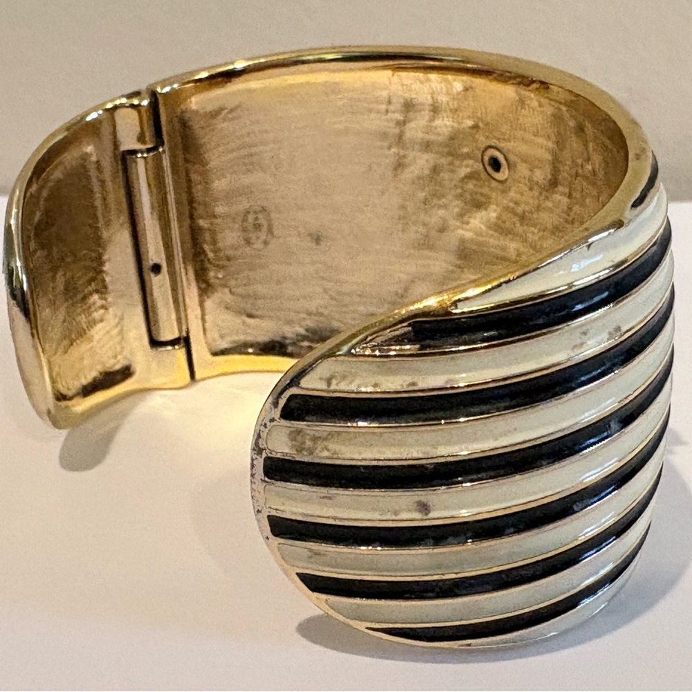 Authentic CHANEL cuff | Gold and Black stripes with Pink gem Accents - Picture 3 of 8